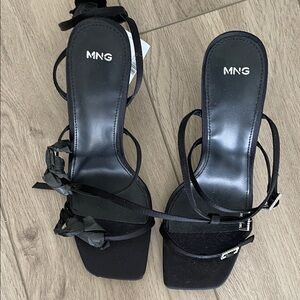 Mango Black Strappy Square-Toe Lace-Up Heels